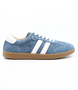 Denim White women's leather lace-up sneaker with twin side stripes and flexible sole.