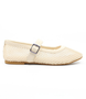 Beige women's mesh-lace Mary-Jane flat with buckle strap and cushioned insole.