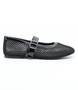 Black women's mesh-lace Mary-Jane flat with buckle strap and cushioned insole.