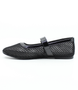 Black women's mesh-lace Mary-Jane flat with buckle strap and cushioned insole.