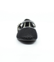 Black women's mesh-lace Mary-Jane flat with buckle strap and cushioned insole.