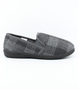 Grey men's plaid fabric closed-back slipper with twin gussets and terry lining.