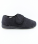 Black men's fabric closed-back slipper with adjustable strap and faux lining.