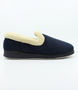 Navy women's micro-suede closed-back slipper with micro-terry lining and flexible sole.