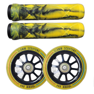 Slamm Matching Wheels and Grips Set - 100mm Stunt Scooter Wheels and Grips - Yellow/Black Slamm Matching Wheels and Grips Set - 100mm Stunt Scooter Wheels and Grips - Yellow/Black