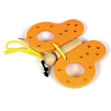 orange threading and lacing wooden butterfly