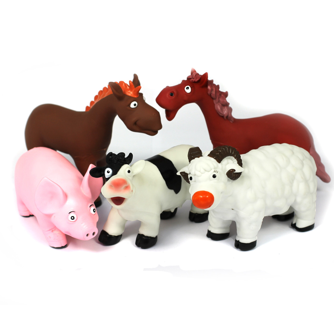 Cartoon-style farm animal family - red horse, brown horse, cow, pig and ram