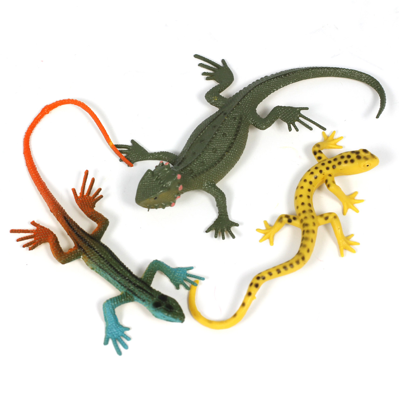 yellow, orange, blue and green soft-feel lizard toy figures for children's imaginative play