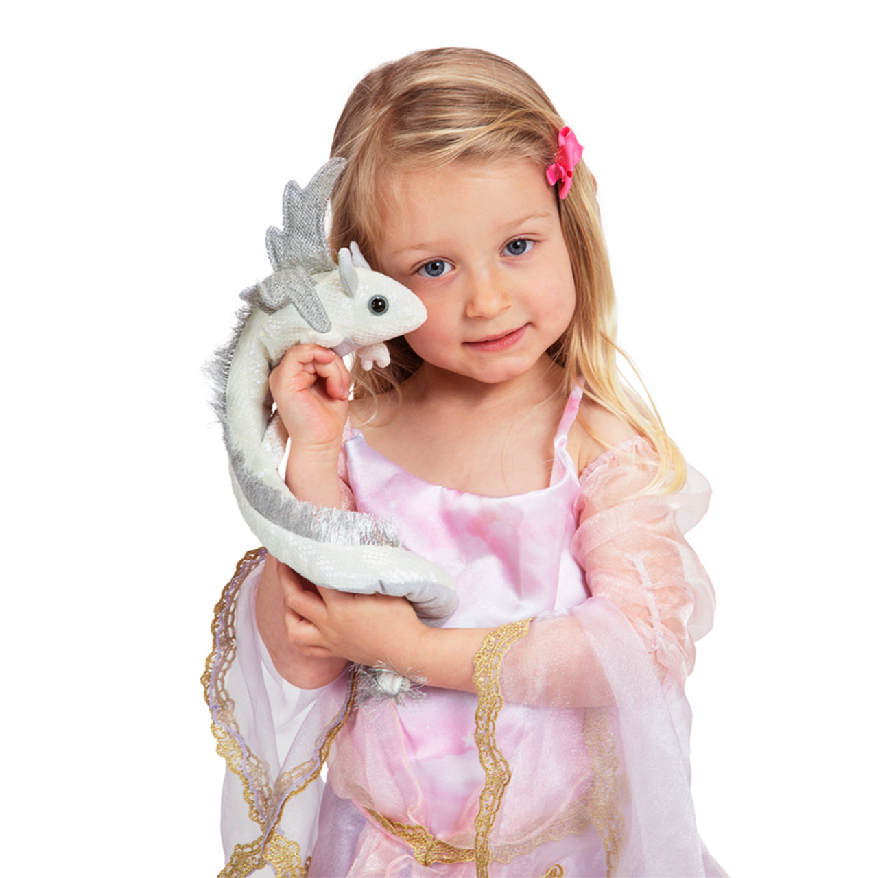 Girl playing with Pearl Wrist Dragon Puppet Folkmanis