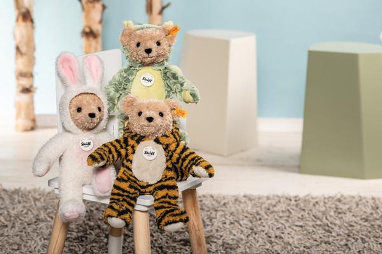 Tiger Hoodie Teddy Bear, Steiff, EAN 113161, and friends Hoody Rabbit and Hoddy Dragon