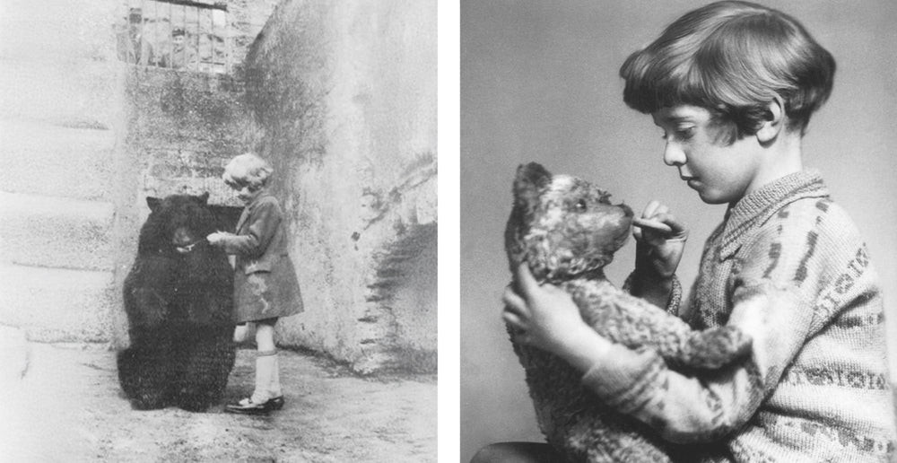 Christopher Robbine Millne with Winnipeg and Edward/Winnie the bear that inspired Winnie the Pooh by AA Milne