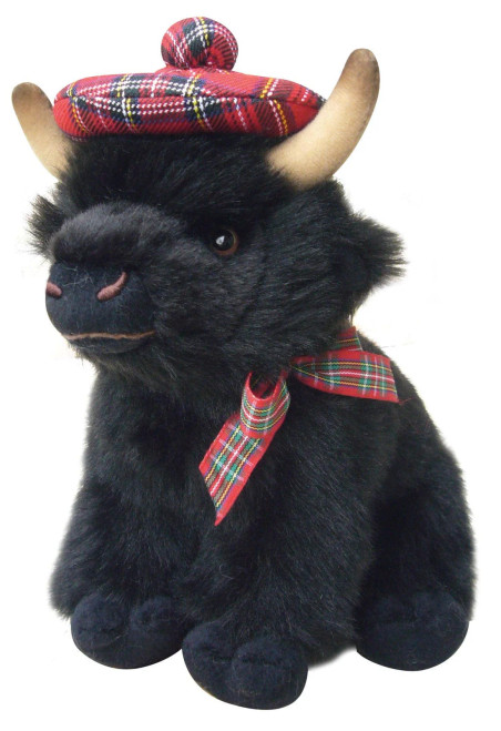 Black Highland Cow, Calf Archie with Bonnet and Bow, Faithful Friends 25cm