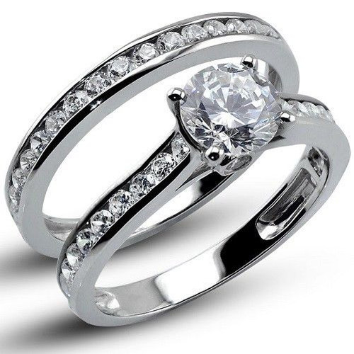 1.64 CT Round Cut Lab Engagement Ring with Matching Band Solid 14K White Gold 1