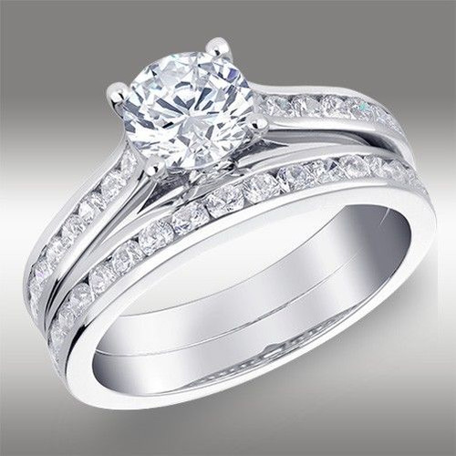 1.55 CT Round Cut Engagement Ring Matching Bridal Band Set Solid 14K White Gold 1