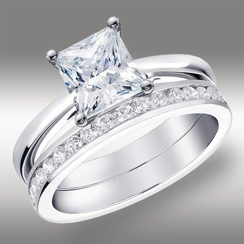 2.02 CT Princess Cut Engagement Ring & Wedding Band Lab Diamond 14K White Gold 1