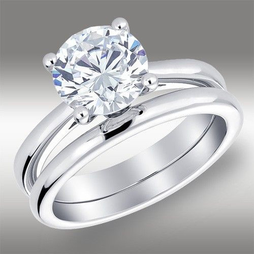 2.08 Ct Round cut Lab Engagement Ring & Solitaire Band in Solid 14k White Gold 1