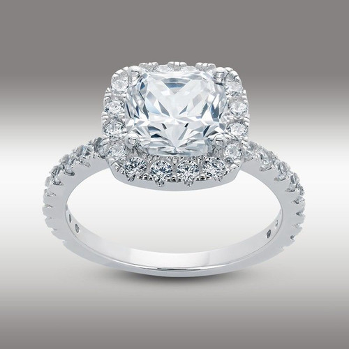 3.10 CT Cushion Cut Halo Lab Engagement Ring w/accents in 14K Solid White Gold 1
