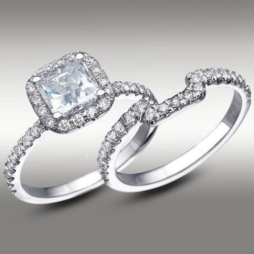 3.35 Ct CUSHION HALO Lab Engagement Ring & Wedding Band in Solid 14K White Gold 1