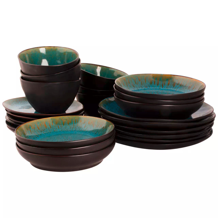 Palmer  Lotus Geschirrset Steingut 6-Personen 24-teilig Türkis Schwarz