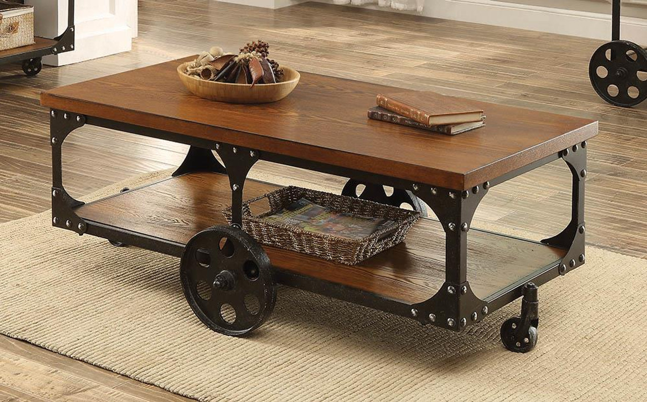 Rustic coffee table with shop wheels