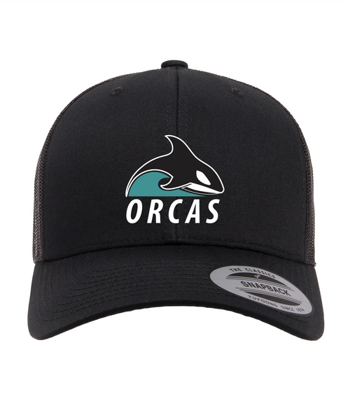 Oak Bay Orcas Swim Club - Snapback Trucker Hat - Black/Black - Embroidered Logo