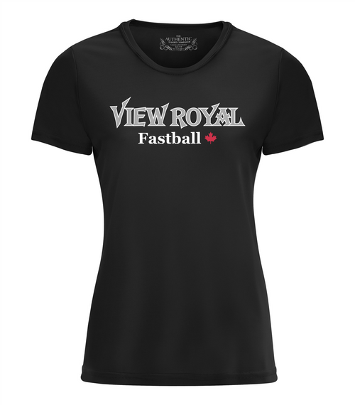 View Royal Fastball - S/S Dryfit Shirt - Black - Ladies Sizing - Text Logo Front Print