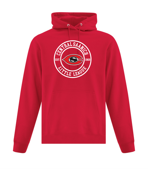 Central Saanich Little League - Fleece Hoodie - Youth & Adult - Red - Circle Print-White Text & Outline
