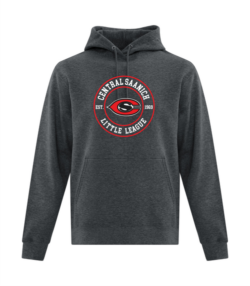 Central Saanich Little League - Fleece Hoodie - Youth & Adult - Dark Heather Grey - Circle Print-White Text & Red Outline