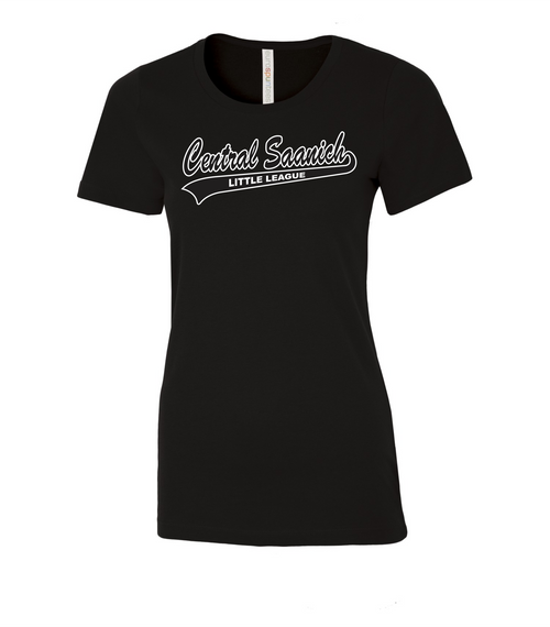 Central Saanich Little League - Ladies Euro Spun T-Shirt-Black-Script-Black/White