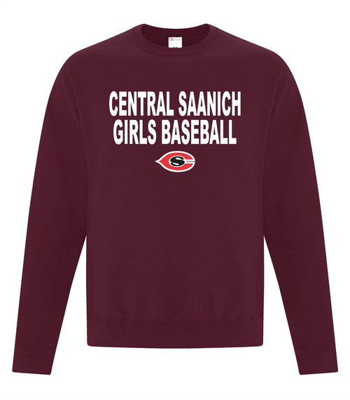 Central Saanich Little League Girls Baseball - Crew Neck Sweat Shirt - Youth & Adult - Maroon - Full Front & Back Print