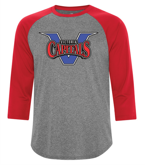 Victoria Capitals Baseball - 3/4 Sleeve Dryfit Shirt- Youth & Adult - Heather/Red-Full Front Print