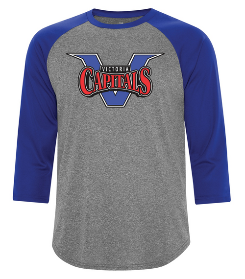 Victoria Capitals Baseball - 3/4 Sleeve Dryfit Shirt- Youth & Adult - Heather/Royal-Full Front Print