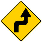 diamond shape, yellow and black, shows an arrow thats makes right turn to make a left