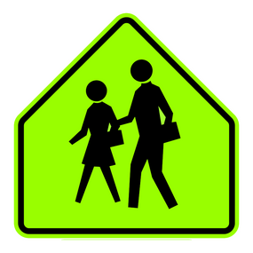 pentagon shaped, yellow and black sign features two pedestrians