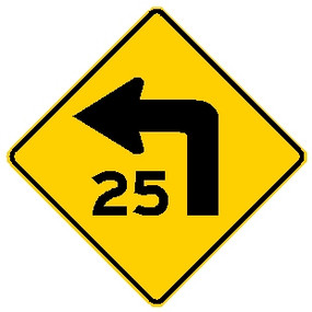 diamond shape, yellow and black sign, features an arrow turning left and "25"