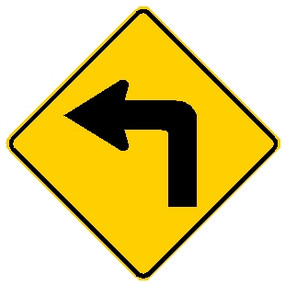 diamond shape, yellow and black sign, features an arrow turning left