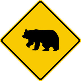 diamond shape, black and yellow sign, features a bear.