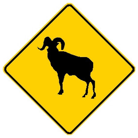 diamond shape, black and yellow sign, features a Ram.