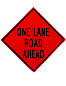 one lane road ahead sign