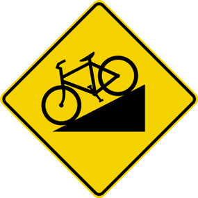 diamond shape, black and yellow. image of bike going downhill.