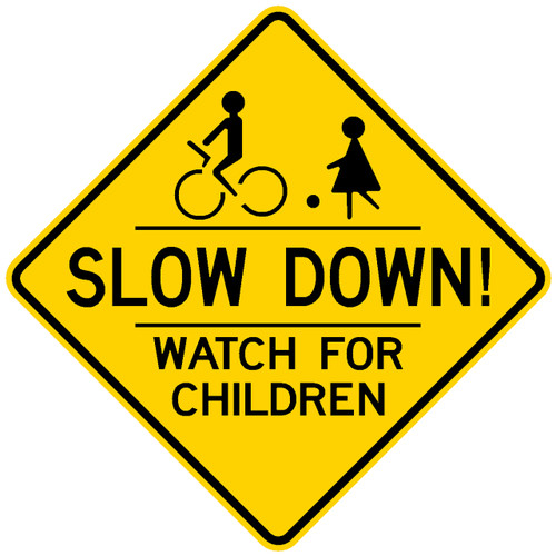 Children crossing road sign. Yellow diamond background. Traffic