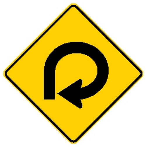 diamond shape, yellow and black sign, features an arrow