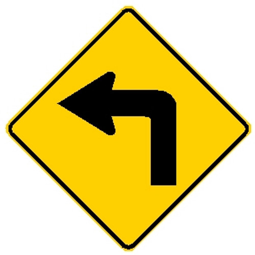 diamond shape, yellow and black sign, features an arrow turning left