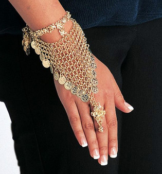 Belly Dance Slave Bracelet With Mesh, Coins & One Ring - Gold or Silver