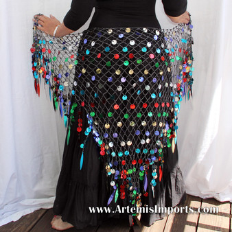 Belly Dance Crochet & Paillettes Shimmer Shawls Hip Wrap
- Multi-Colored Paillettes / Black & Silver Lurex Thread