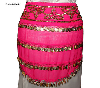 Chiffon Hip Scarf With Sequin Band & Coins Fuschia/Gold