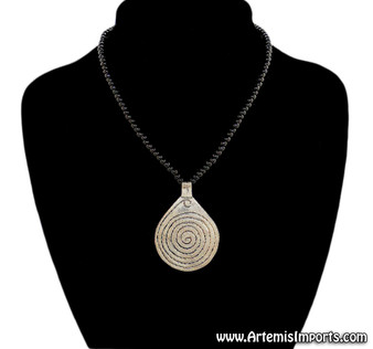 Black Beaded Necklace with "Spiral of Life" Pendant