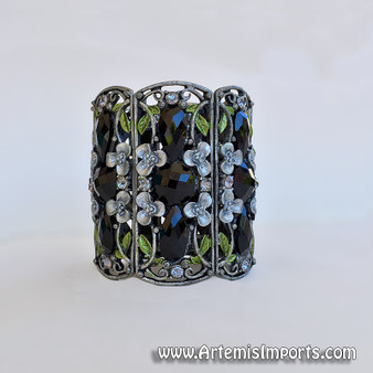 Belly Dance - Dark Silver & Black Rhinestone Antique Inspired Cuff Bracelet