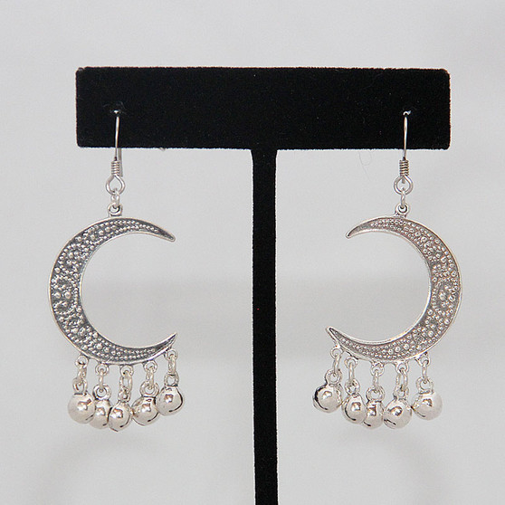 Sterling Silver Earrings ~ Arabesque Crescent Moons with Hanging Beads for Belly Dance