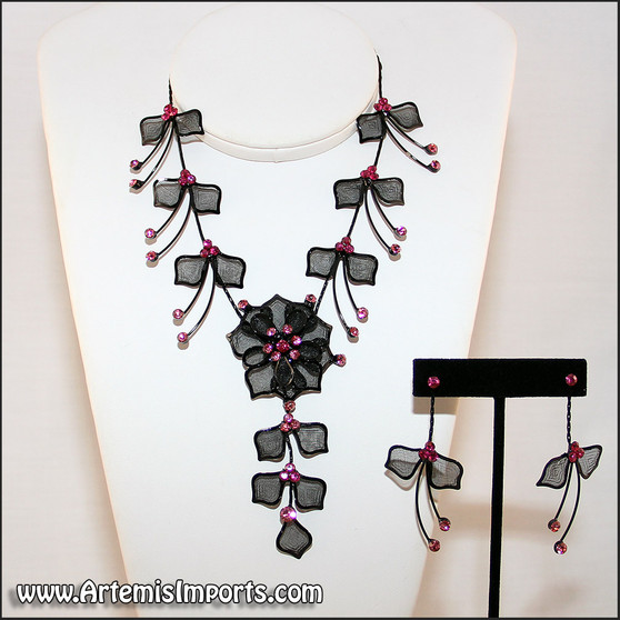 Belly Dance Necklace & Earrings in Black Wire & Fuchsia Rhinestones